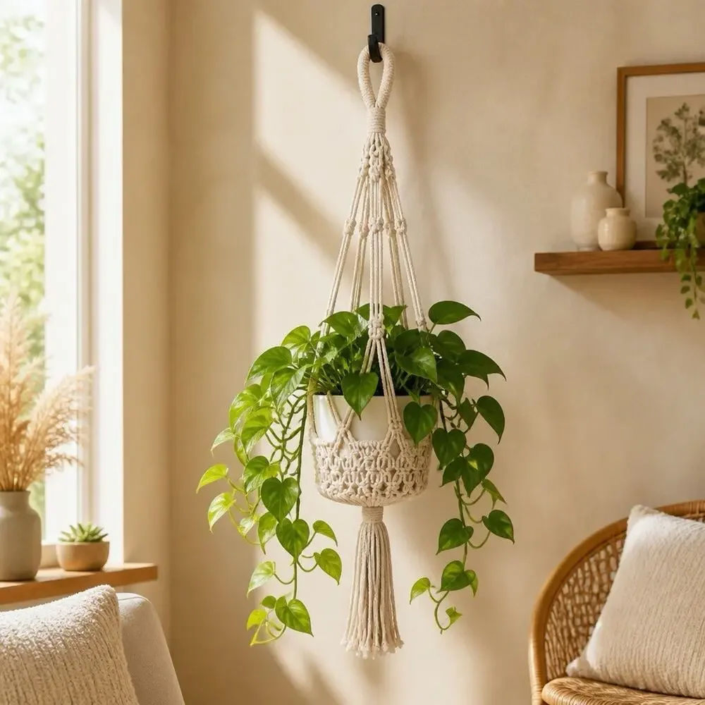 Vintage Macrame Plant Holder Boho Mid Century Modern Hanging 39” Inch